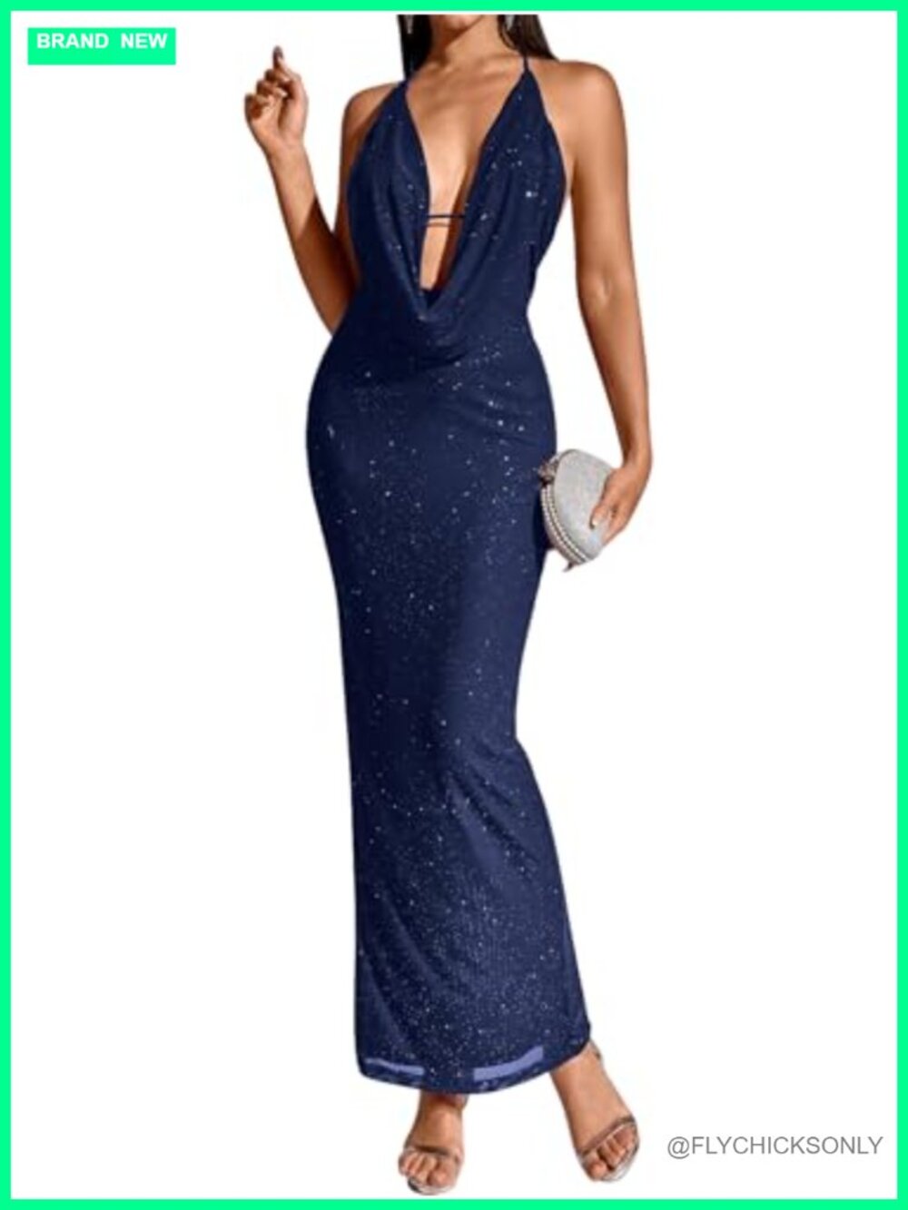 KUTUMAI Women V Neck Sequin Bodycon Maxi Dress Split Back Formal Gown